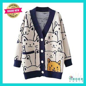 Oversized Button Down V Neck Knit Cardigan Kawaii Cartoon Print Sweater Fall